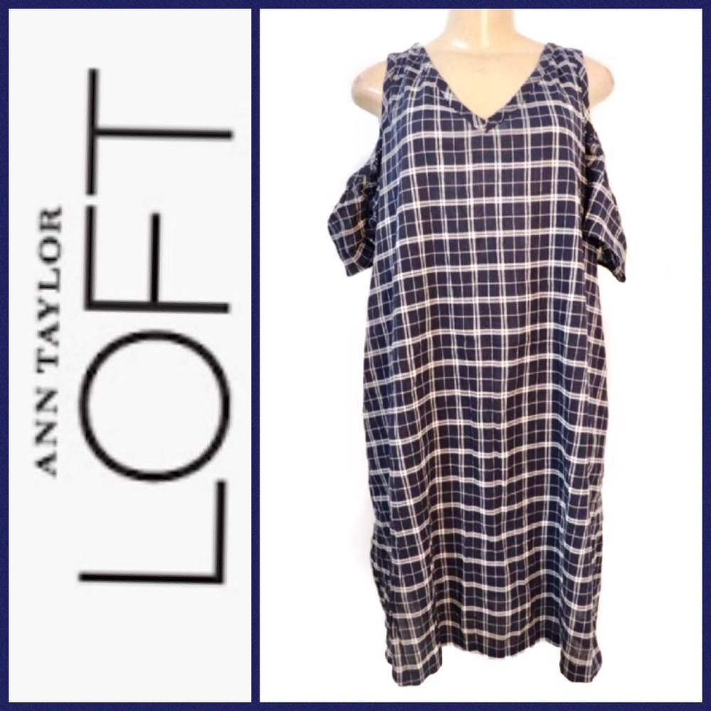 Loft Navy Plaid Cold Shoulder Dress Size XL NWT